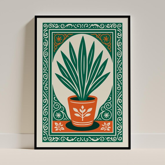 Boho Eclectic Wall Art Plant Print Rustic Decor Housewarming Gift Green Orange Folk