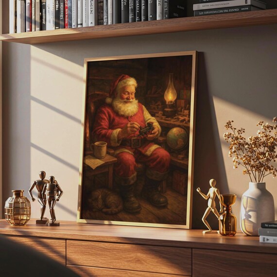 Santa Claus in Workshop Holding Toy Train Vintage Christmas Scene Poster