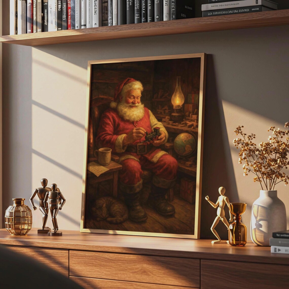 Santa Claus in Workshop Holding Toy Train Vintage Christmas Scene Poster