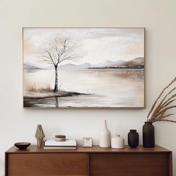 Original Lakeside Landscape Handmade Painting Modern Nature Wall Art Wabi Sabi Landscape Art Contemporary Painting Living Room Wall Decor