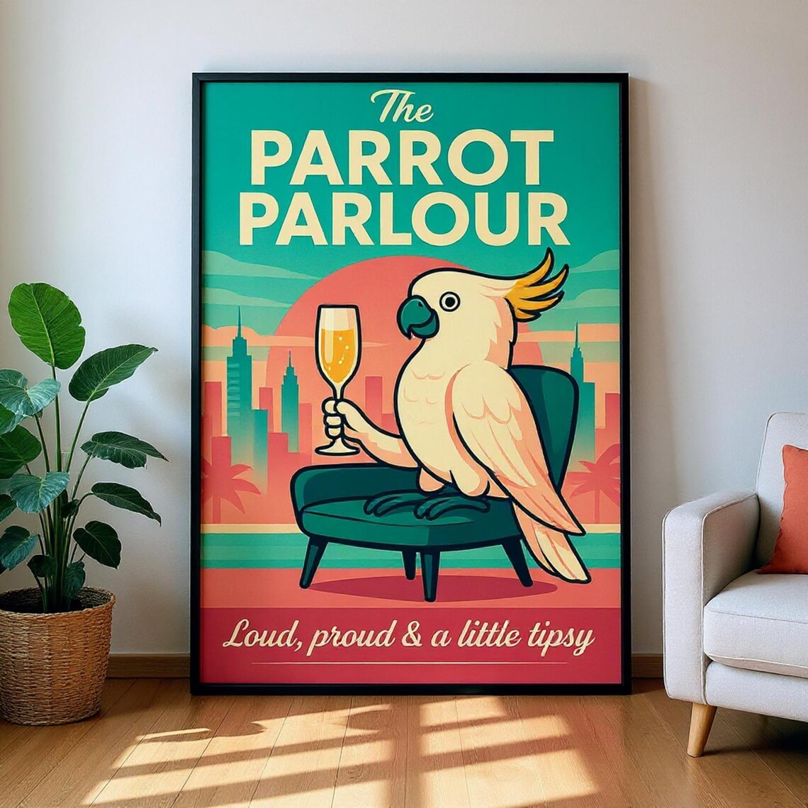 Retro Cockatoo Cocktail Art Print, Glam Parrot