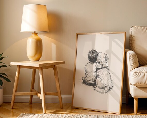 Boy Hugging Golden Retriever Tender Ink Sketch From Behind Poster