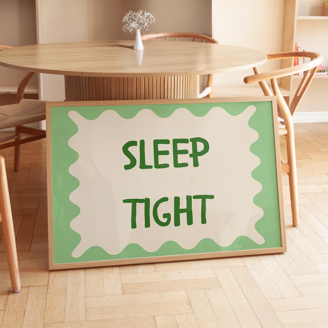 Sleep Tight Green Quote Poster Above Bed Bedroom Horizontal Wall Decor