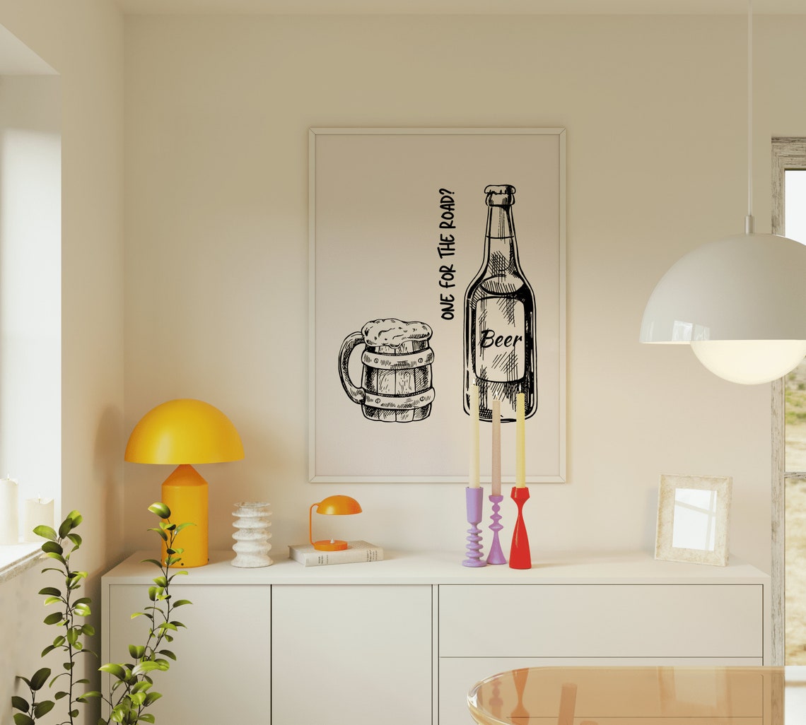 One for the Road Beer Mug Bottle Line Art Funny Bar Quote Poster - Image 4