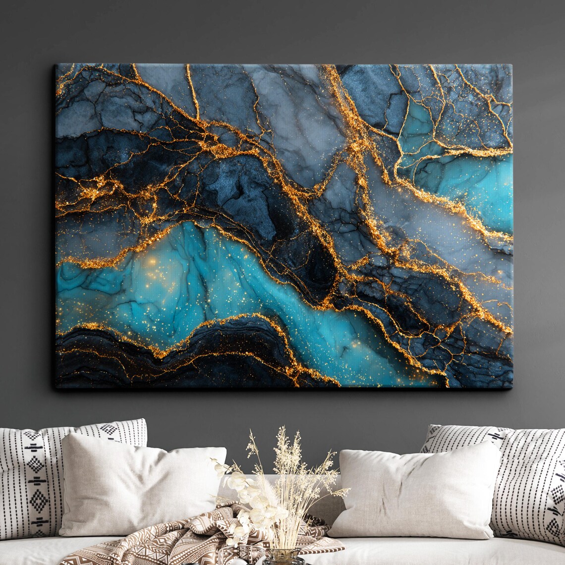 Navy and Teal Marble with Gold Veins Luxury Abstract Artwork Poster