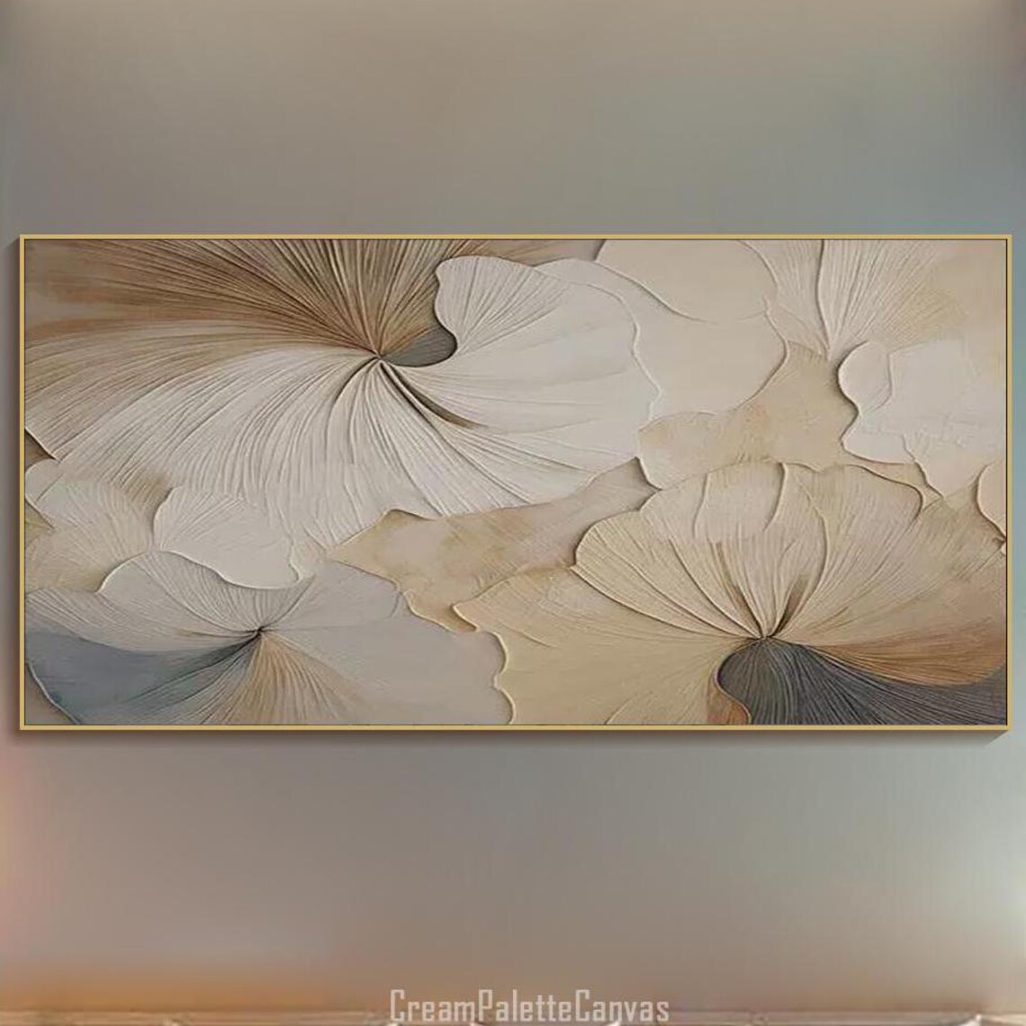 Neutral Beige Ginkgo Leaves Abstract Textured Oil Painting Wall Art