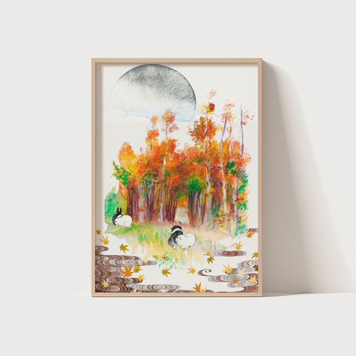 Japanese Autumn Moon Forest Rabbits Watercolor Seasonal Art Print