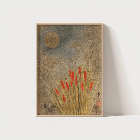 Japanese Zen Moon Grass Wall Art Minimalist Nature Print Wabisabi Style 300 Dpi