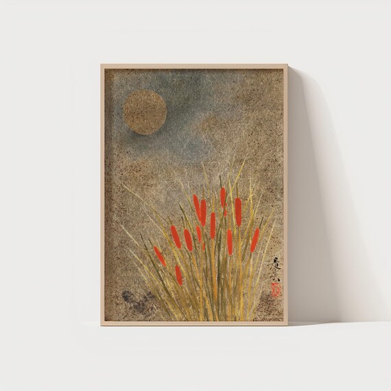 Japanese Zen Moon Over Red Reeds Minimalist Wabi Sabi Poster