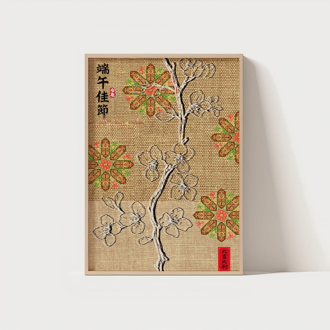 Japanese Blossom Textile Pattern Traditional Brocade Floral Art Poster