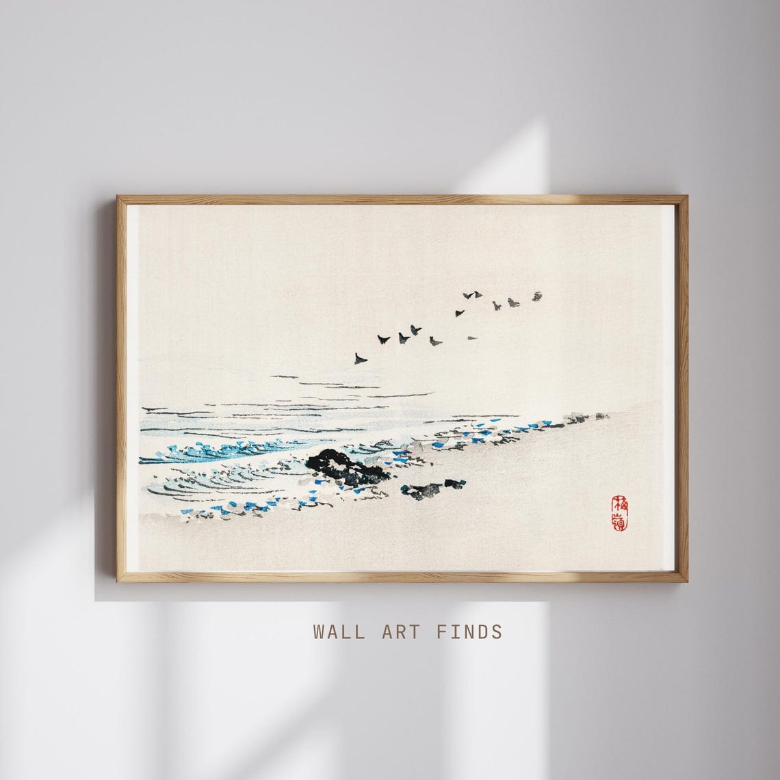 Japanese Seaside Waves and Birds Minimalist Ink Painting Ocean Poster