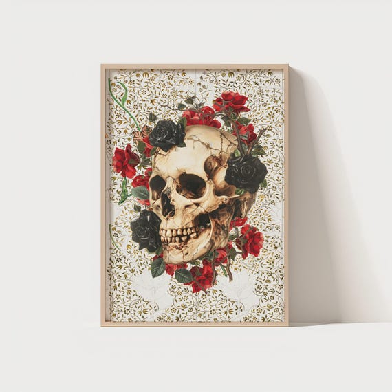 Floral Skull Wall Art Gothic With Red Black Roses Old School Tattoo Style Poster 300 Dpi