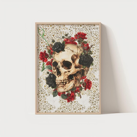 Floral Skull with Red and Black Roses on Gold Pattern Poster