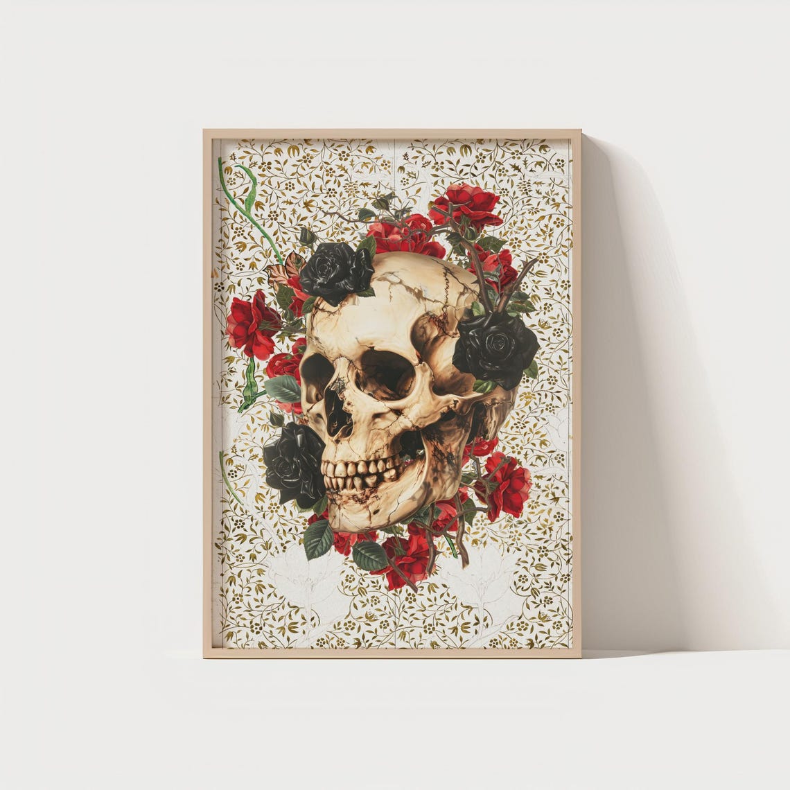 Floral Skull with Red and Black Roses on Gold Pattern Poster