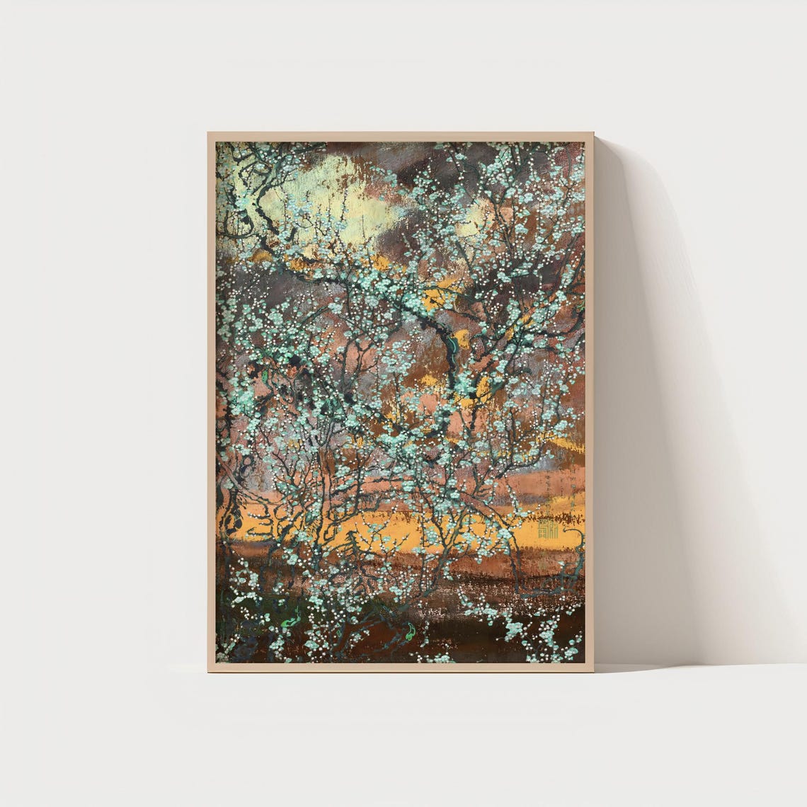Blossoming Sunset Tree Silhouette Japanese Botanical Art Poster