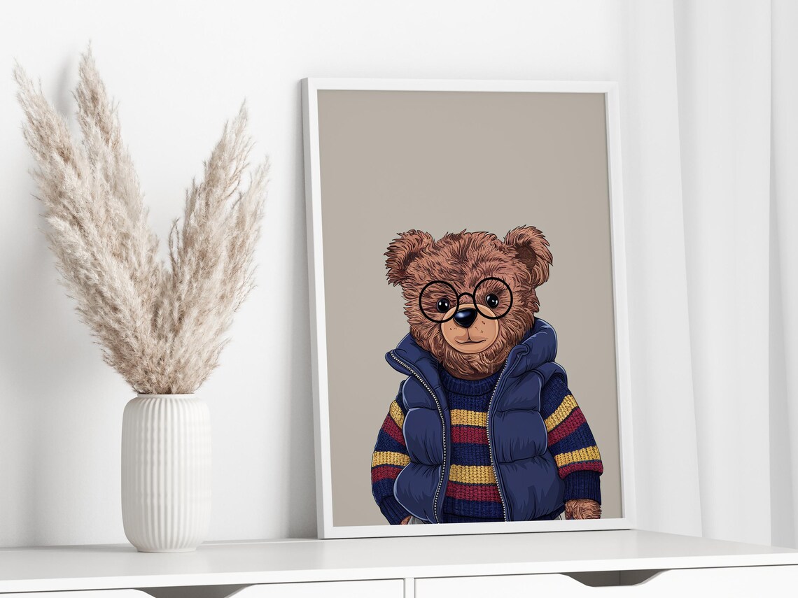 Cute Bear With Glasses Nursery Poster Navy Puffer Vest Woodland Decor Art - Image 2