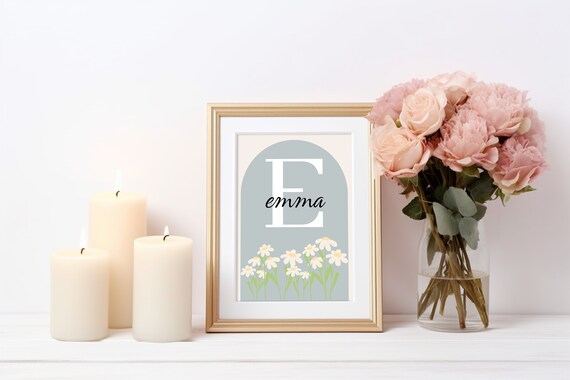 Personalized Daisy Nursery Name Poster Sage Green Arch Floral Initial Design