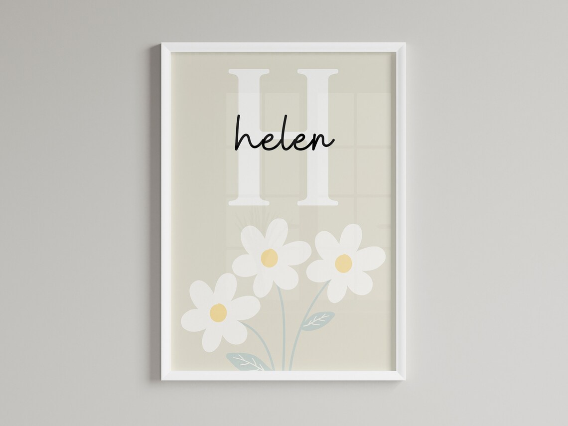 Personalized Daisy Nursery Name Poster Neutral Beige Floral Initial Art - Image 2