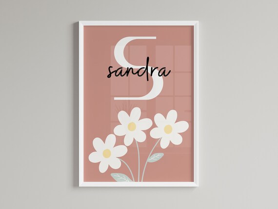 Personalized Daisy Nursery Name Poster Dusty Pink Floral Initial Wall Decor