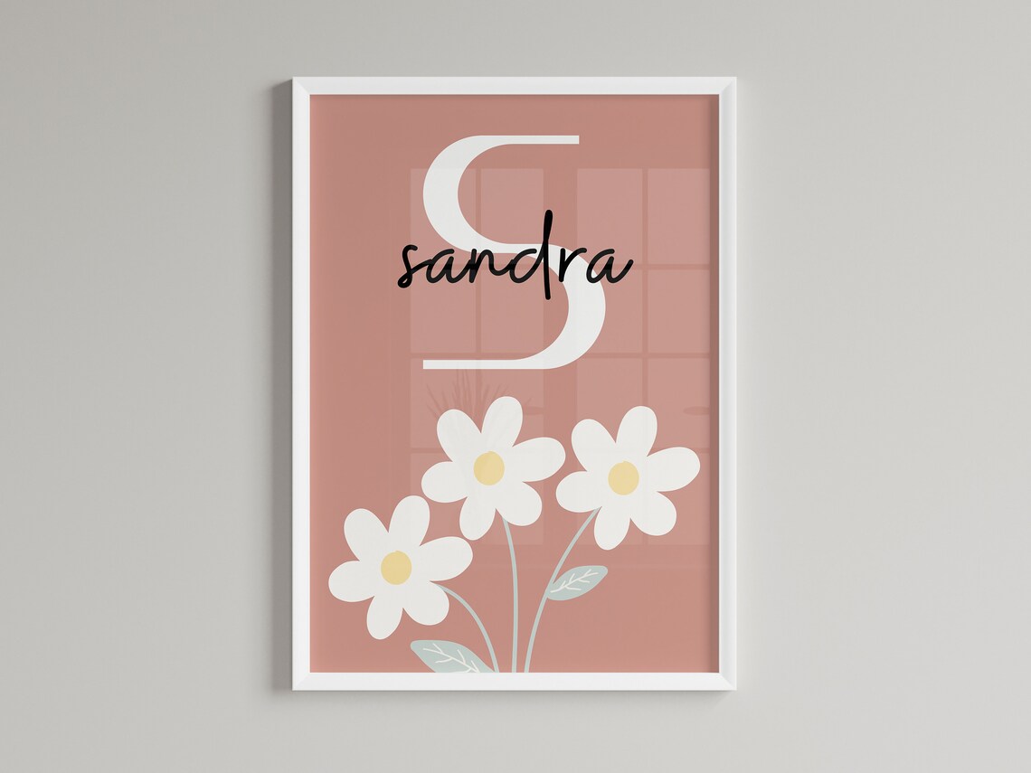 Personalized Daisy Nursery Name Poster Dusty Pink Floral Initial Wall Decor