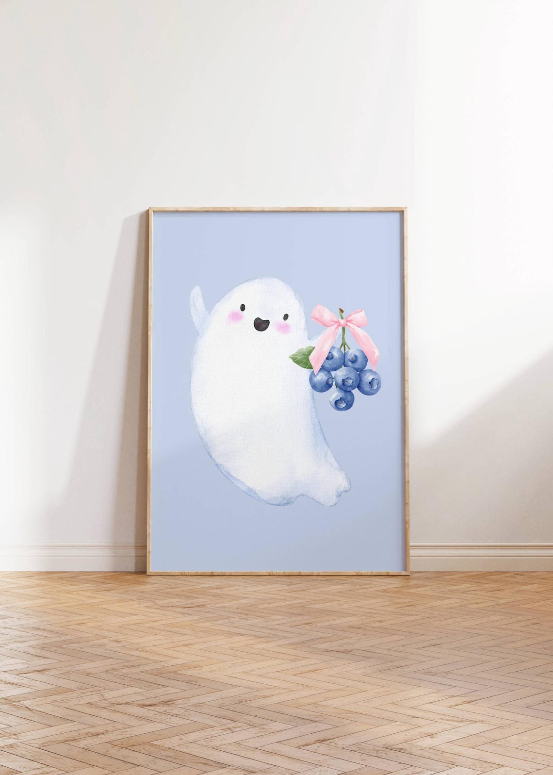 Happy Ghost With Blueberries Watercolor Cute Halloween Nursery Poster - Image 3