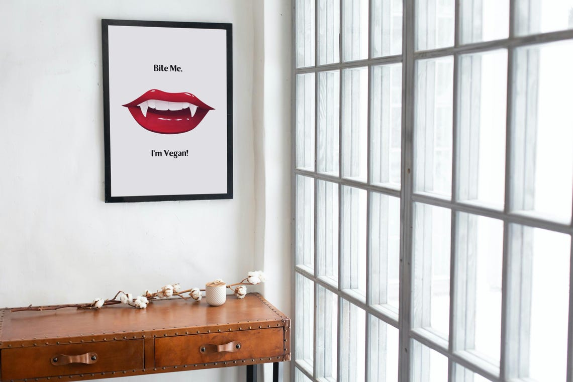 Bite Me Im Vegan Vampire Lips Funny Halloween Kitchen Quote Poster - Image 2