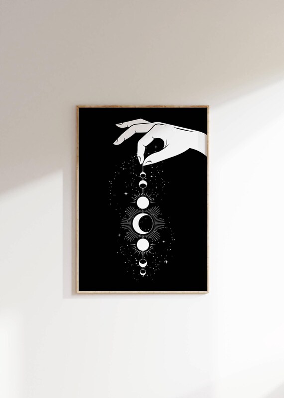 Celestial Hand Holding Moon Phases Poster Black Mystical Starry Decor