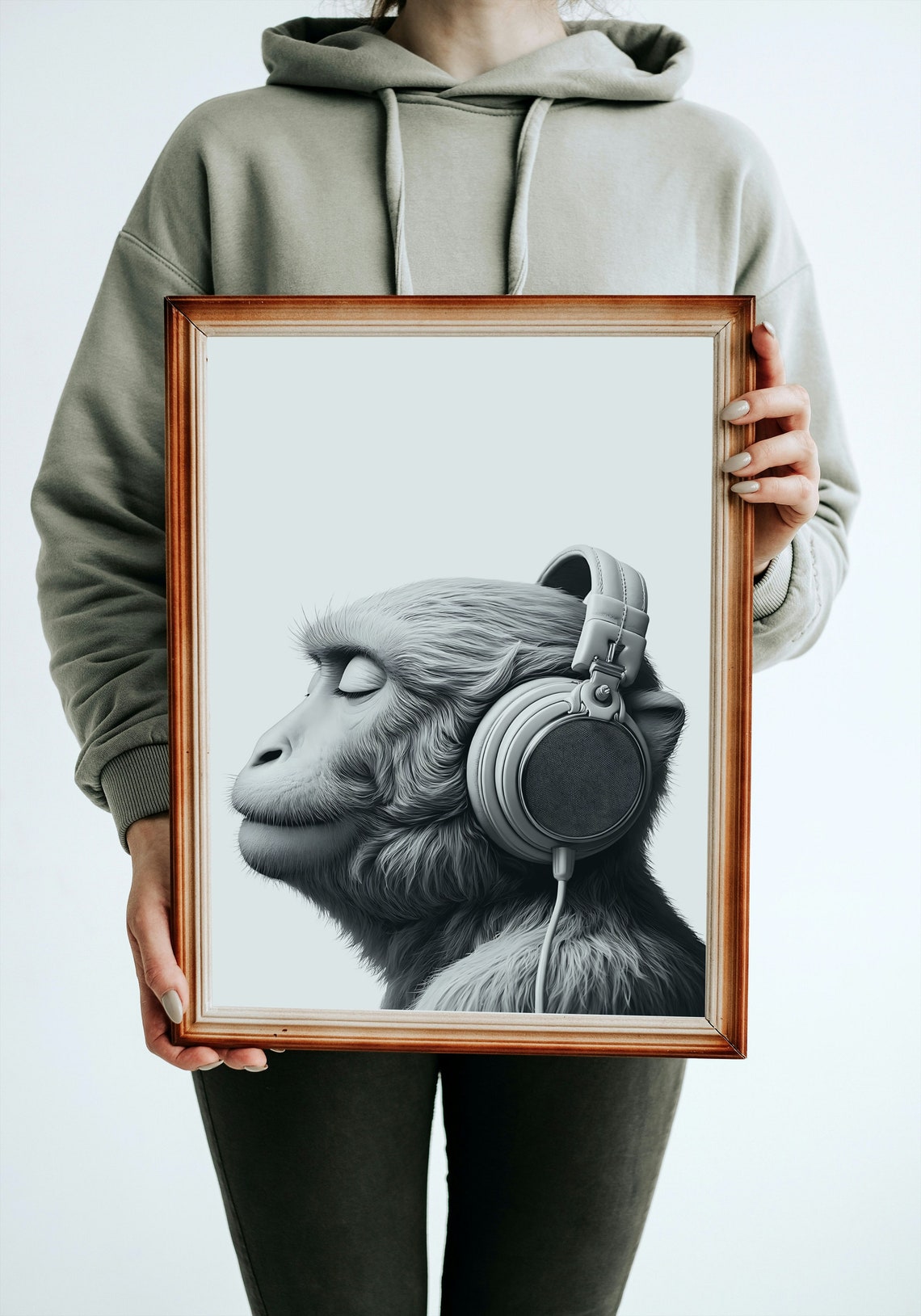 Monkey Wearing Headphones Black And White Animal Wall Decor Poster - Image 3