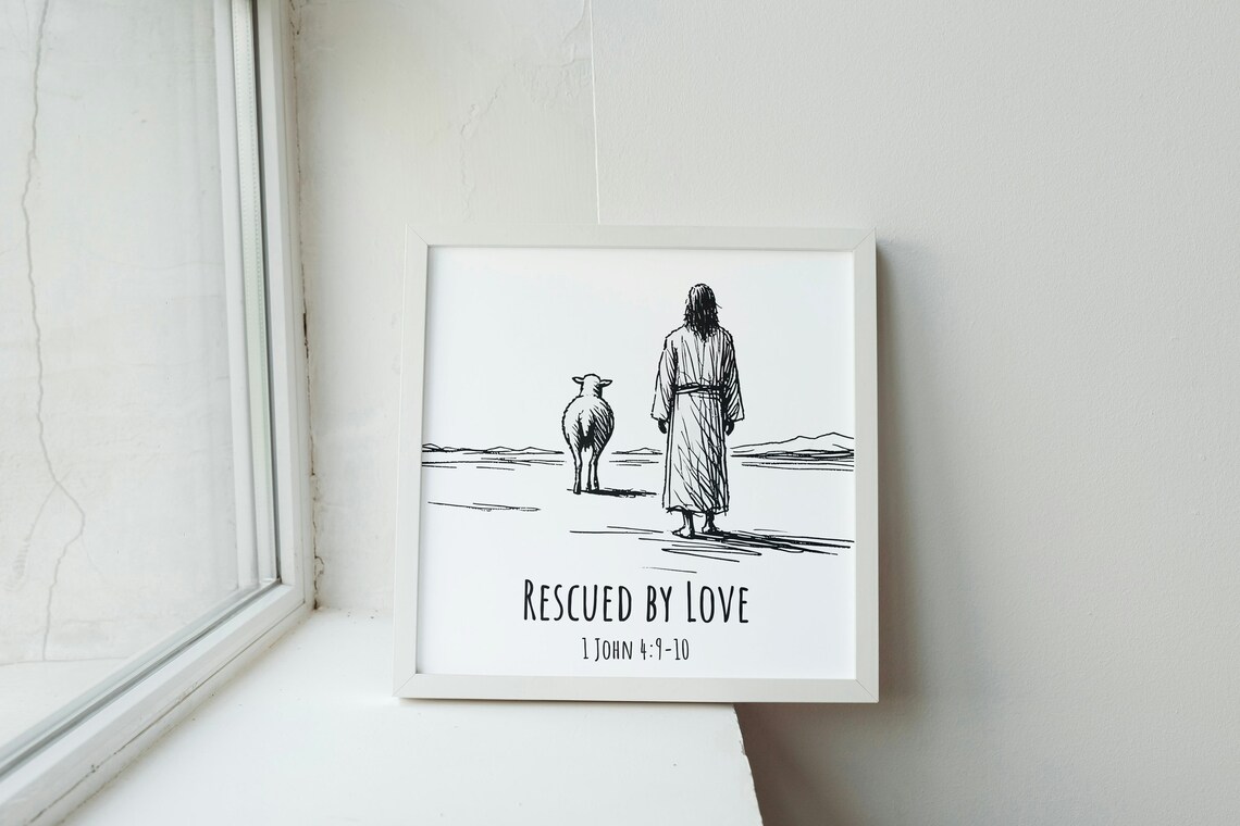 Rescued by Love 1 John 4 9-10 Jesus Good Shepherd Sheep Line Art Poster - Image 3