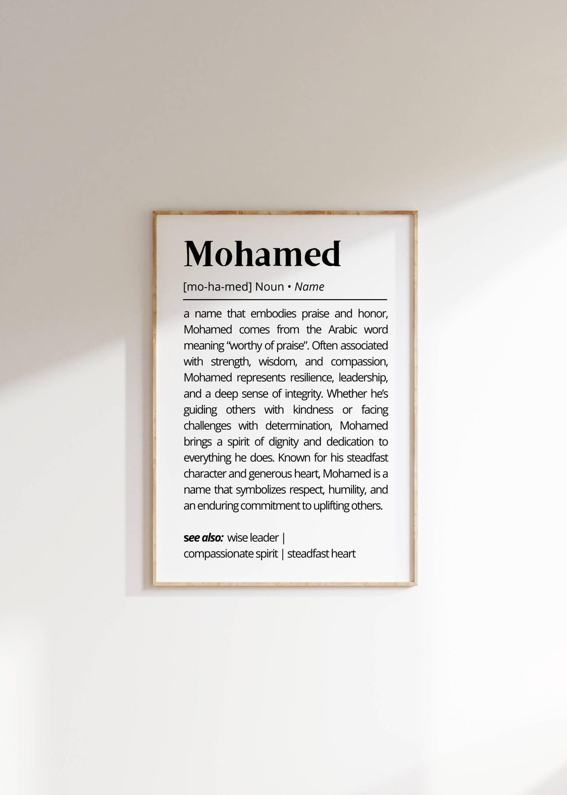 Mohamed Name Definition Wall Art Inspiration Personalized Name Gift Poster Elegant Typography Art Unique Gift For Him Home Decor