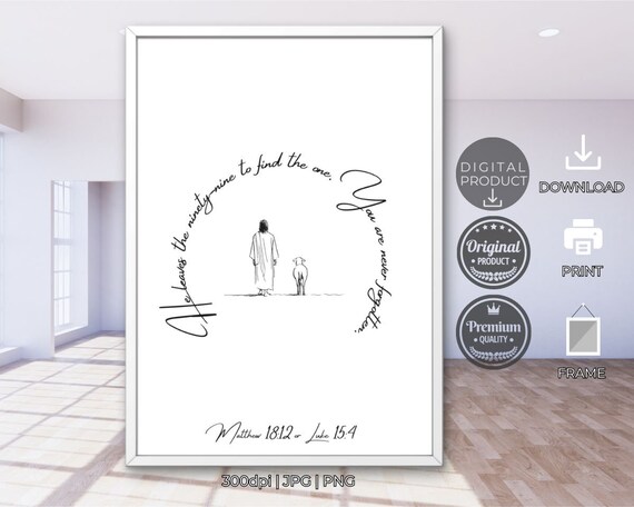 He Leaves the Ninety Nine Lost Sheep Matthew 18 12 Jesus Line Art Poster
