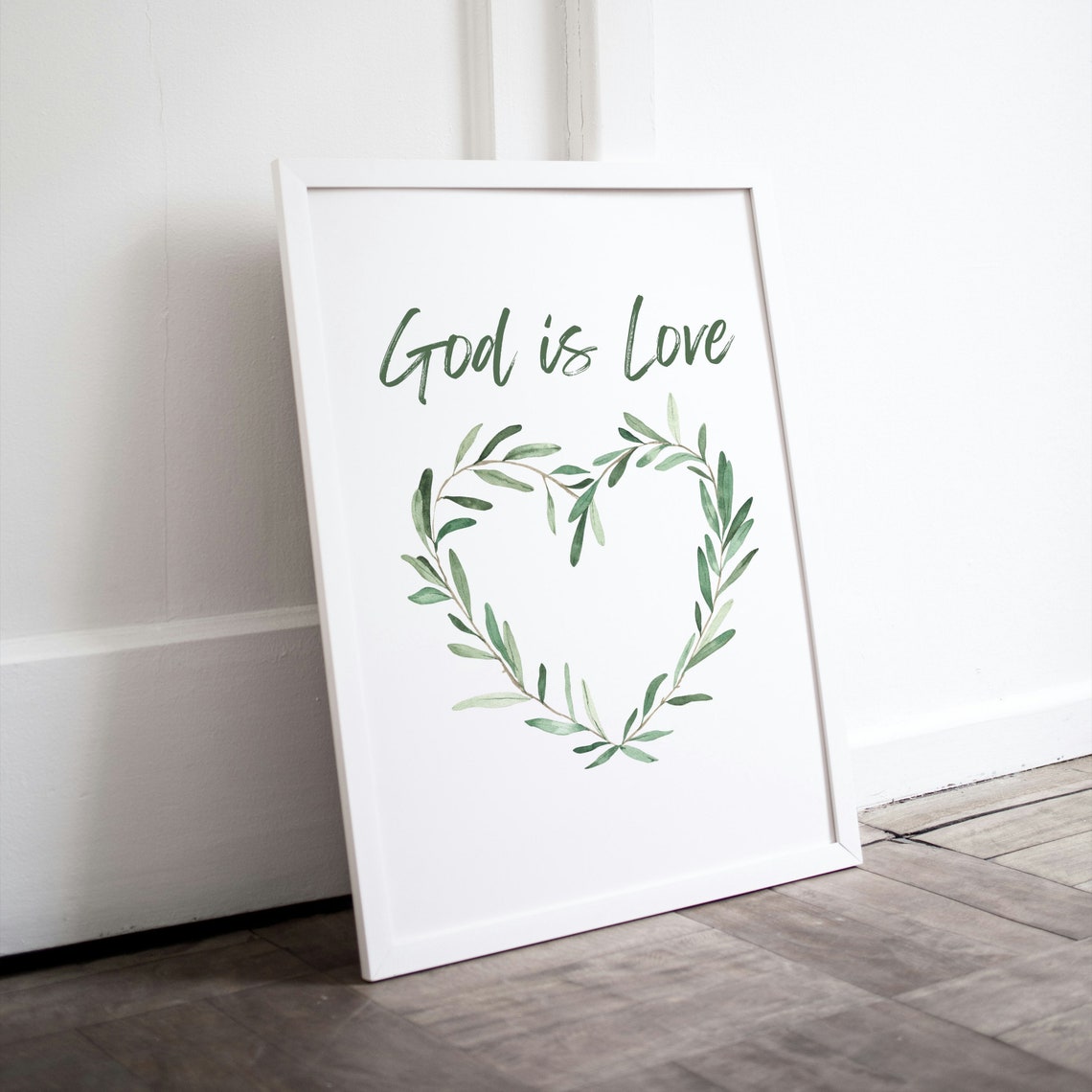 God Is Love Olive Branch Heart Wreath Green Botanical Faith Poster