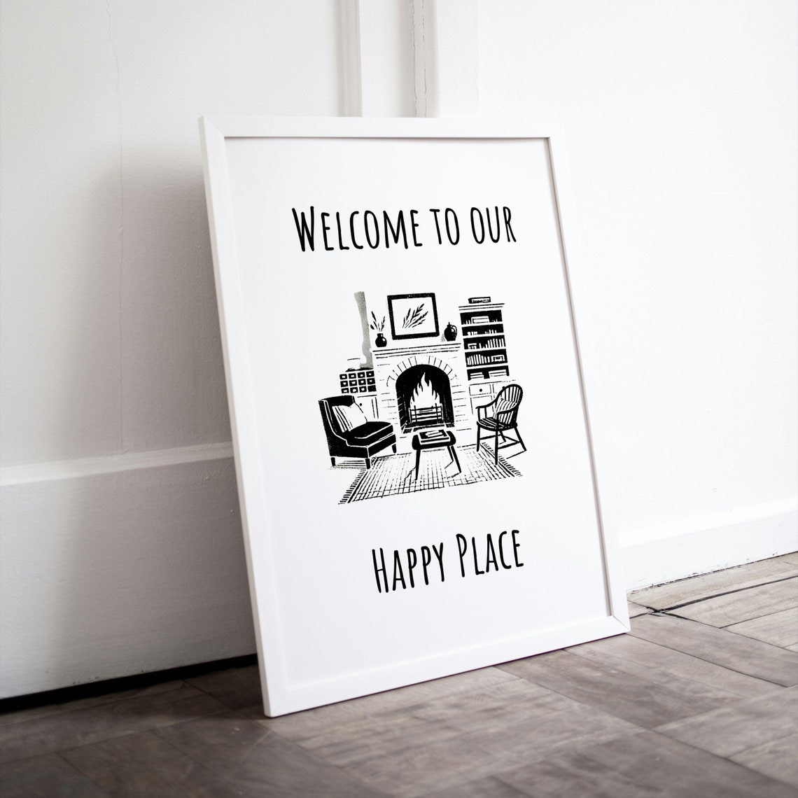 Welcome to Our Happy Place Cozy Fireplace Living Room Art Poster