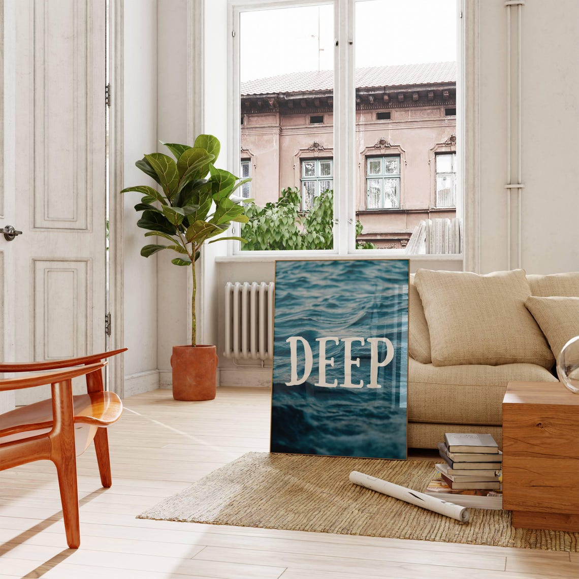 Deep Dark Blue Ocean Waves Minimalist Coastal Wall Quote Poster - Image 2