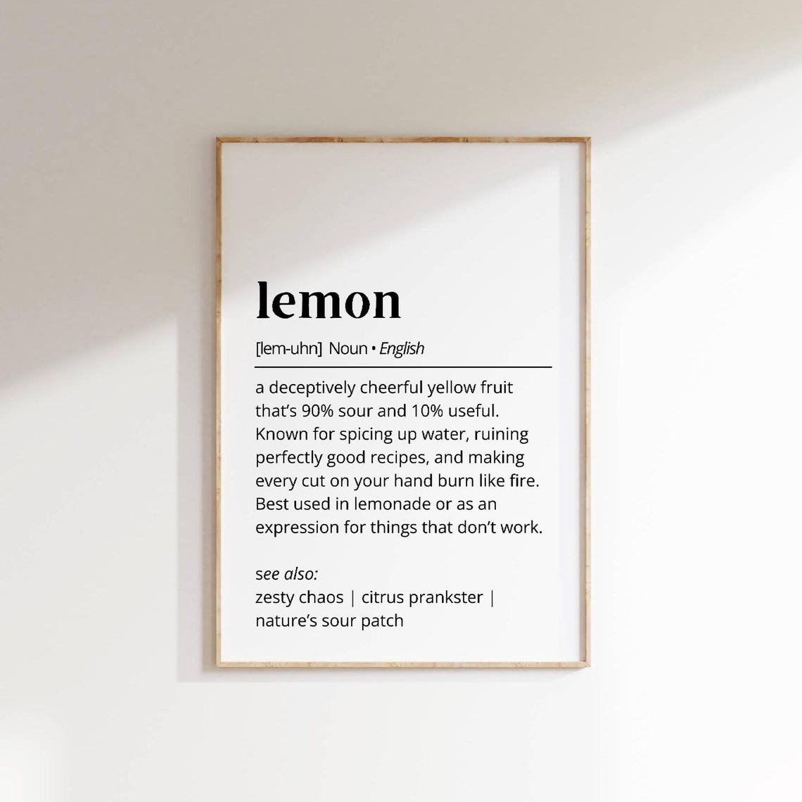 Lemon Definition Funny Citrus Kitchen Dictionary Typography Poster