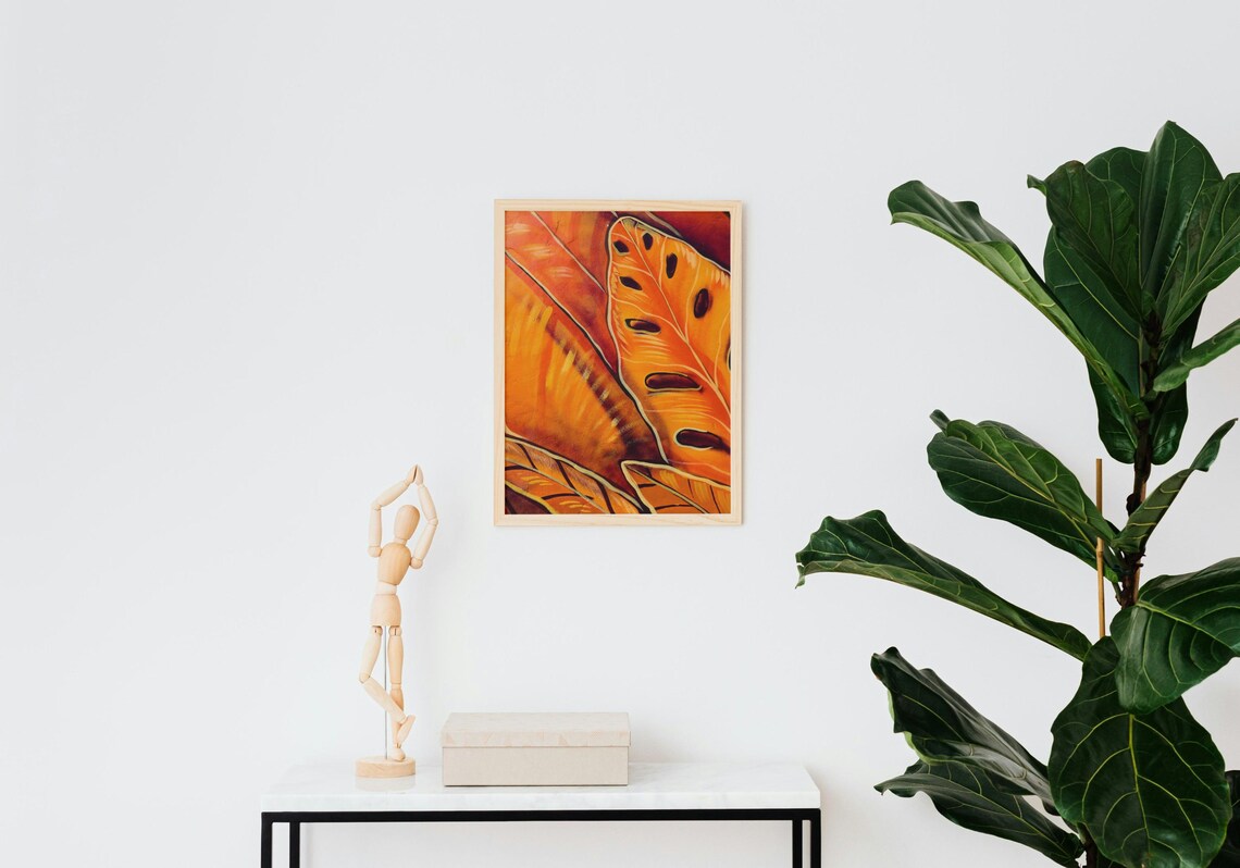 Orange Abstract Tropical Leaf Wall Art Print - Image 2
