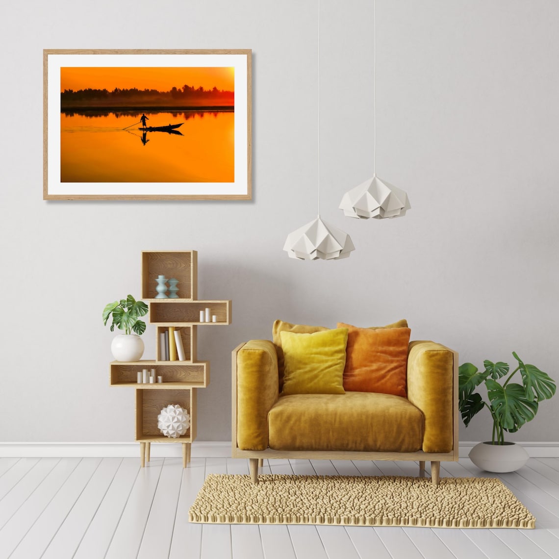 Fisherman at Sunset, Minimalist River Landscape - Image 3