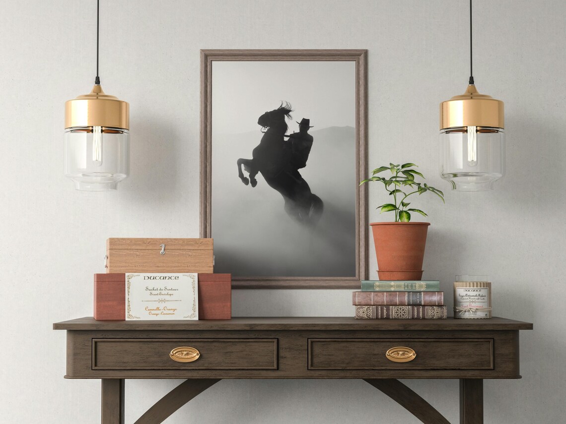 Cowboy Silhouette On Rearing Horse Art Print - Image 6