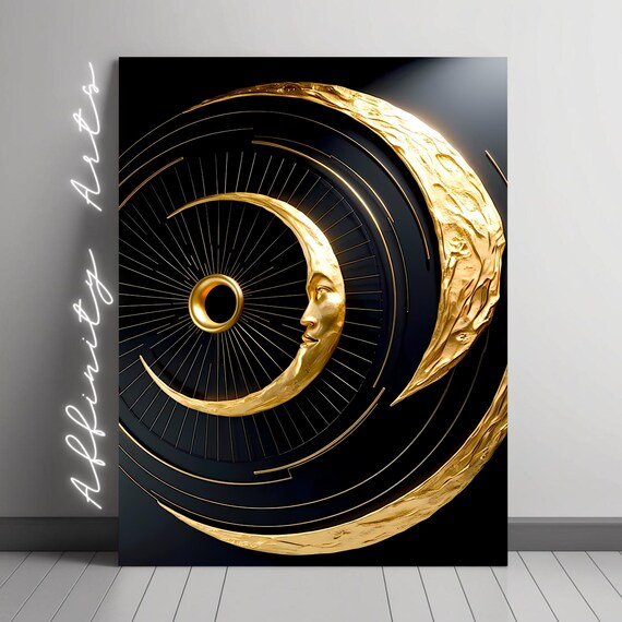Gold Moon Face Art, Celestial Wall Decor