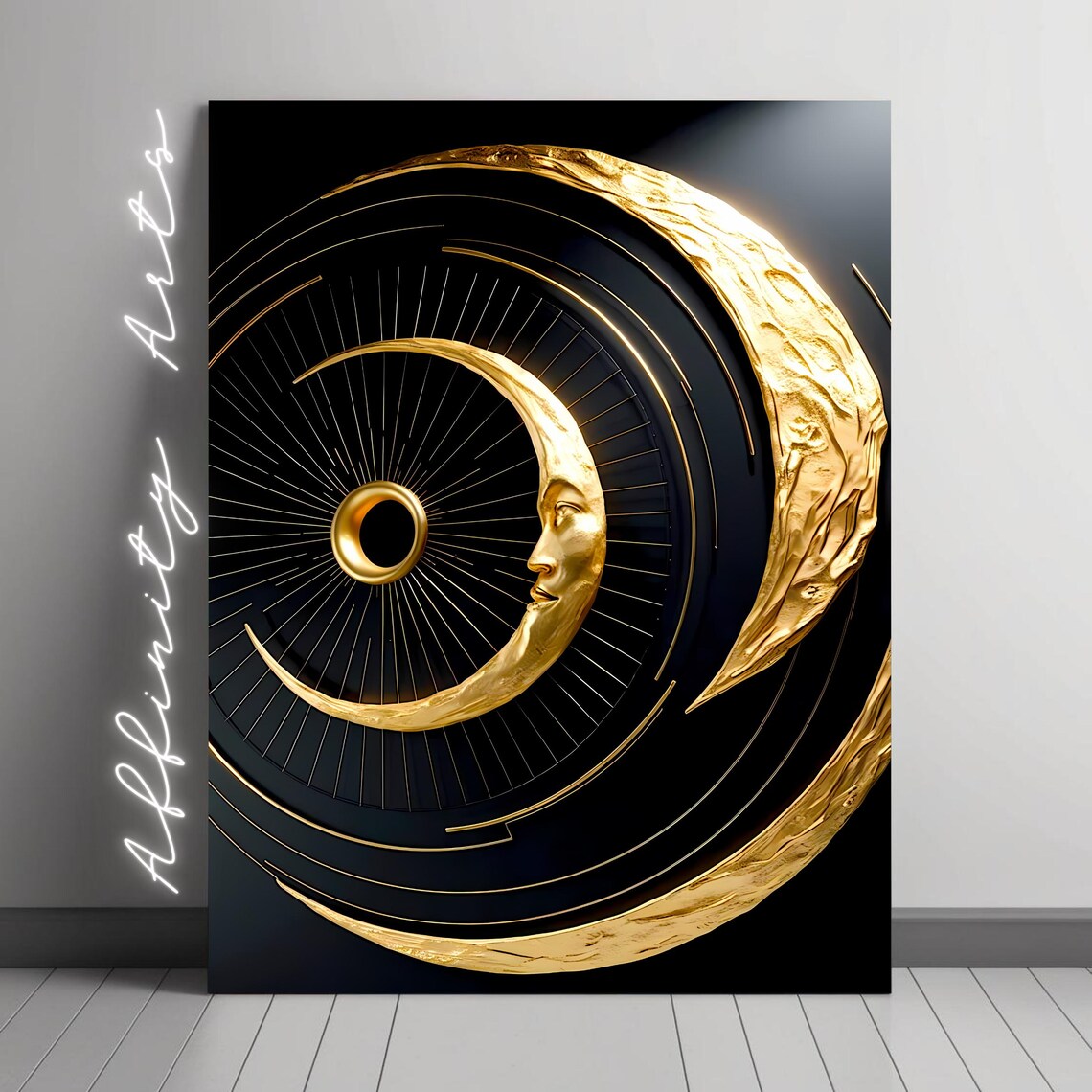 Gold Moon Face Art, Celestial Wall Decor