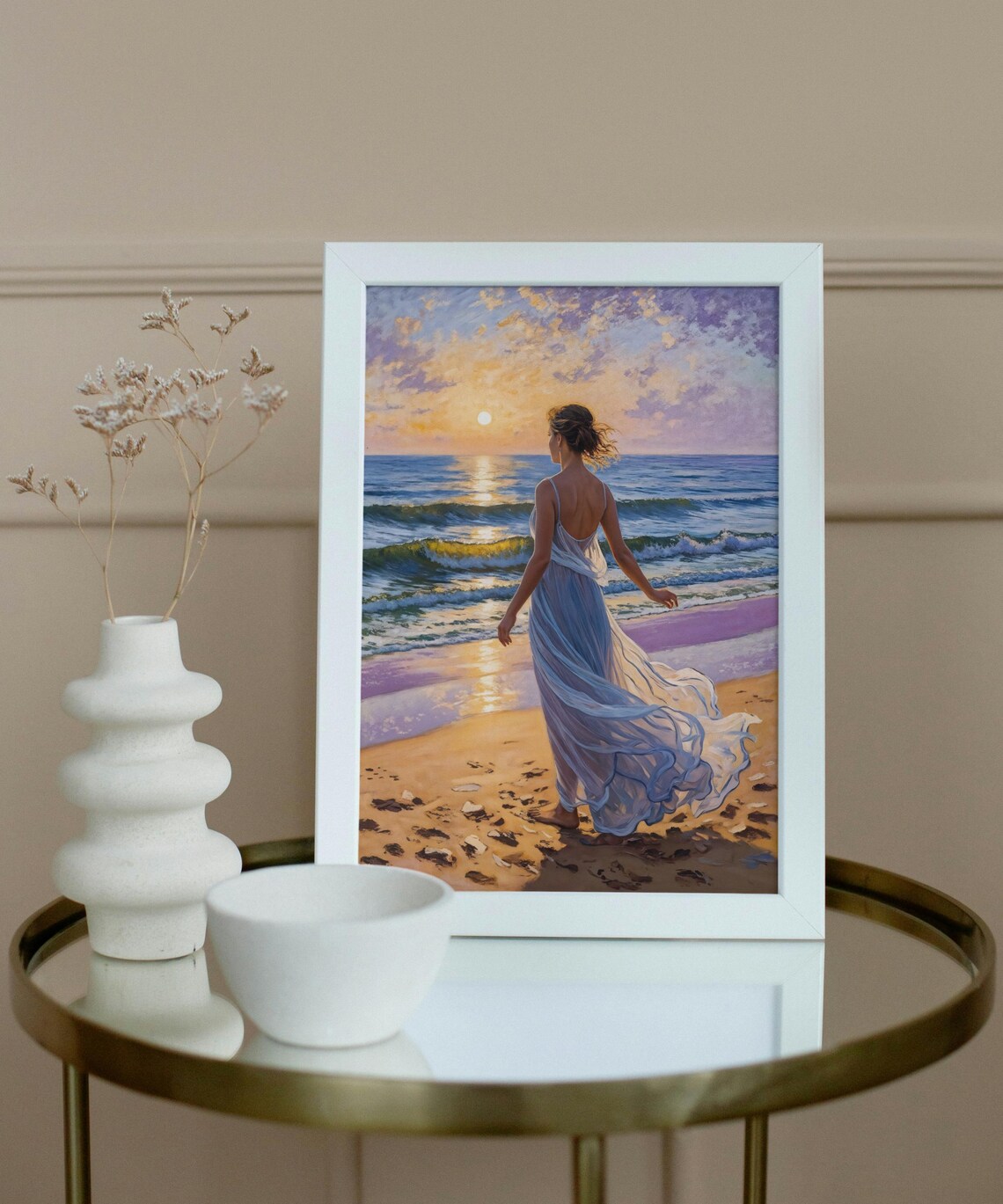 Sunset Beach Woman Walking On Shoreline, Poster Print - Image 5