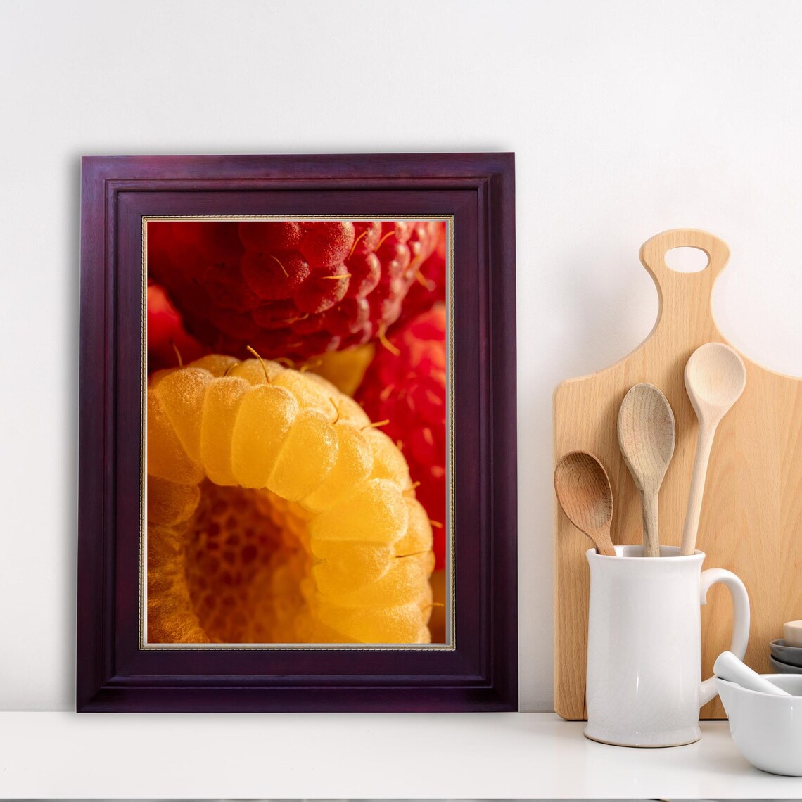 Golden Red Raspberry Macro Photography, Kitchen Decor