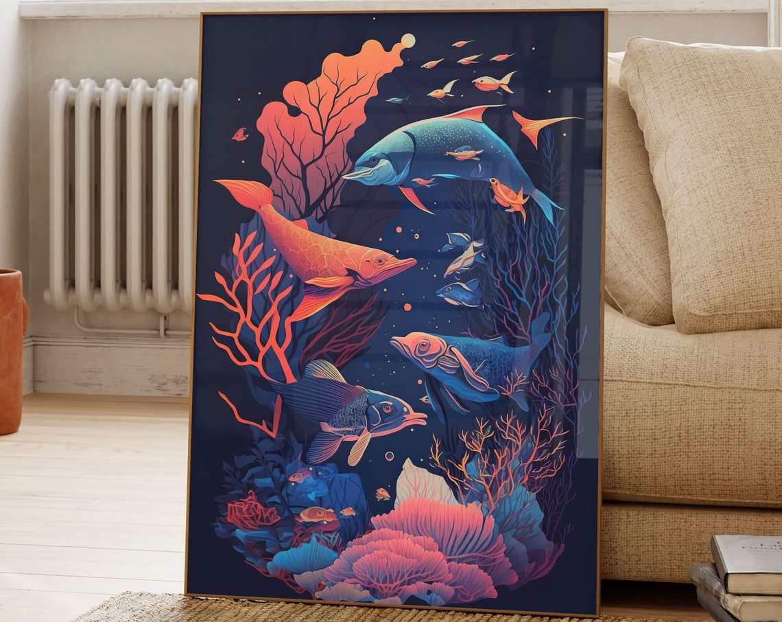 Neon Ocean Fish Poster with Glowing Coral and Whales on Dark Blue - Image 2