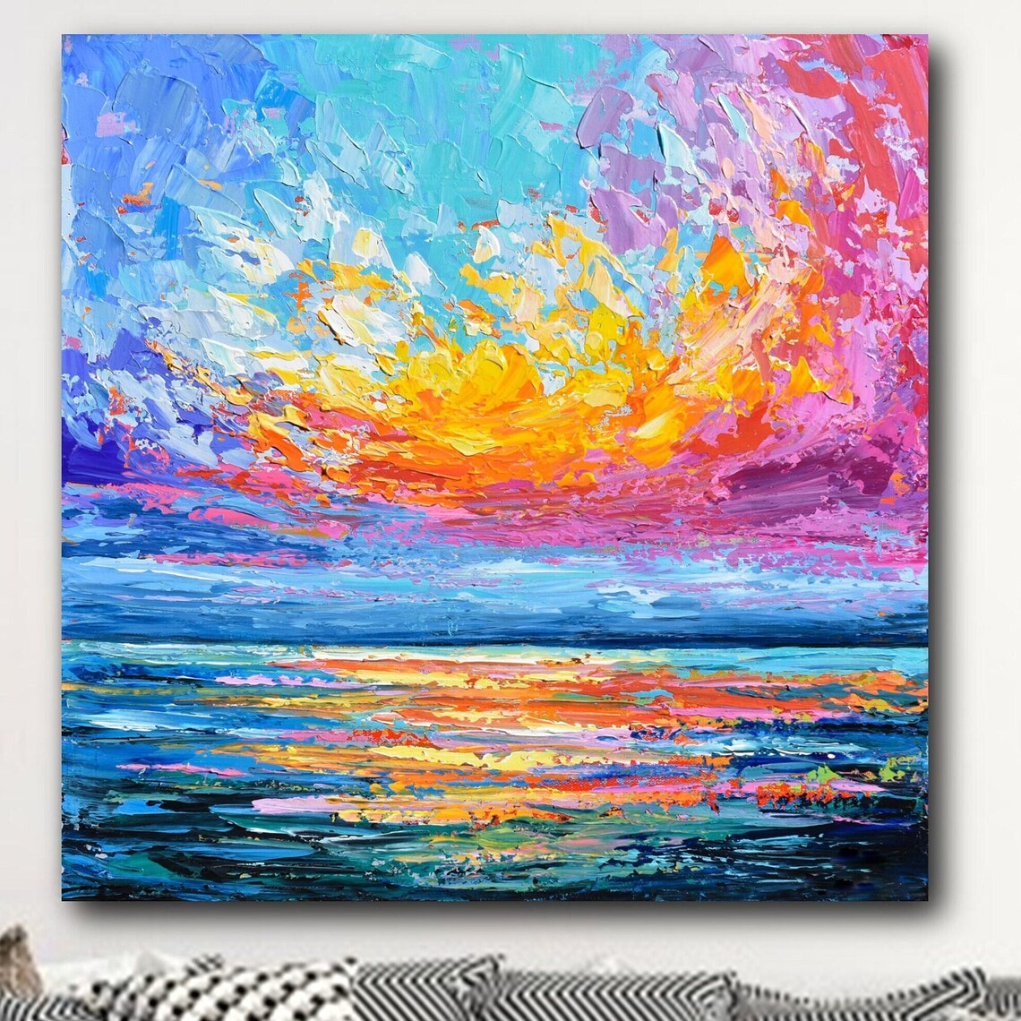 Bright Sunset Over Ocean, Impressionist Art Print