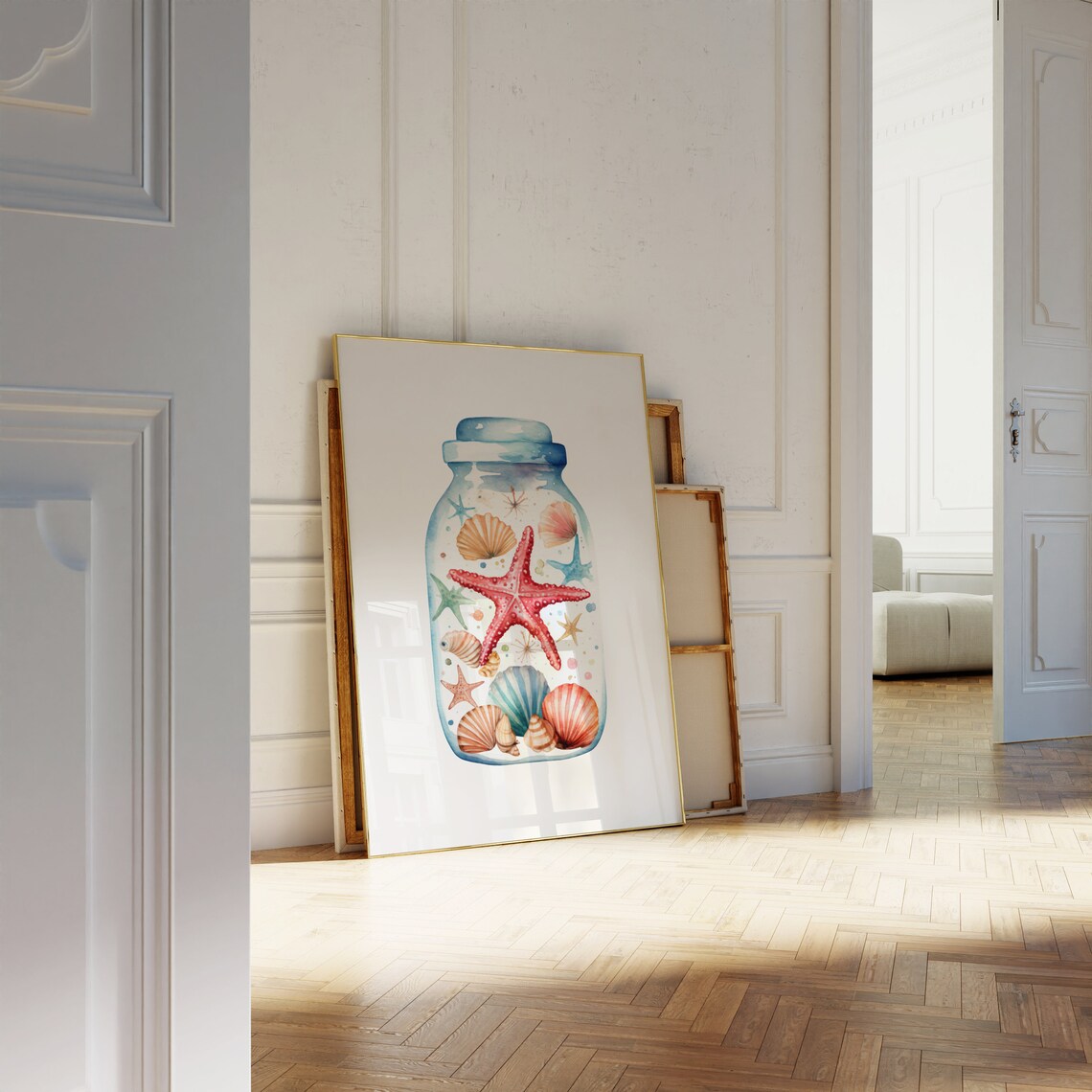 Watercolor Coral Starfish And Shells In Wide Mason Jar Poster - Image 4