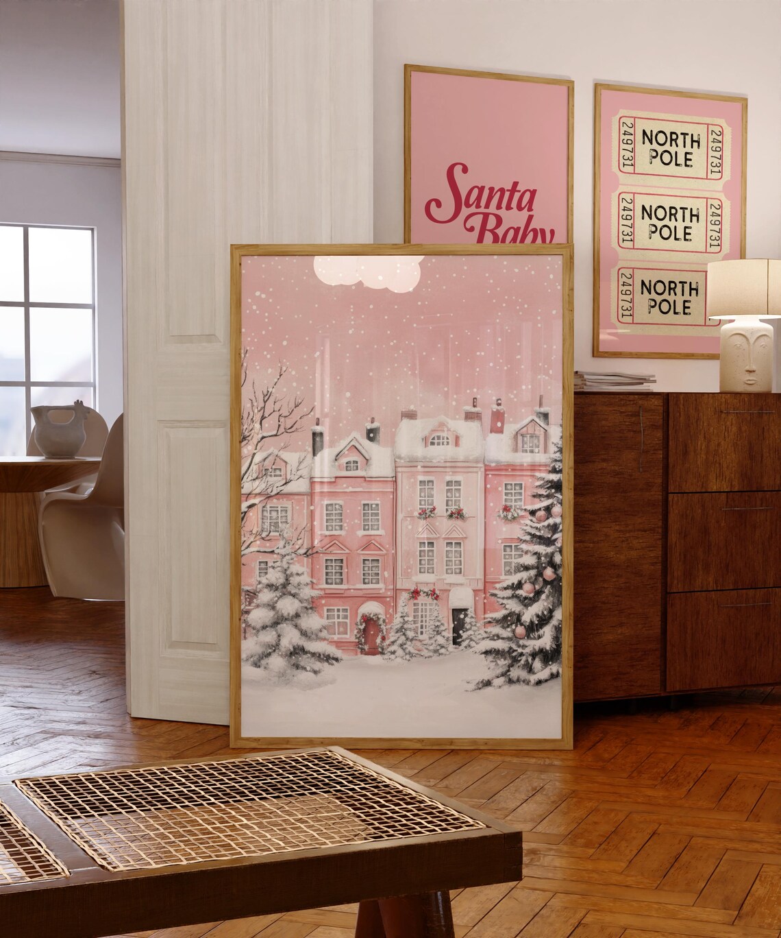 Pink Winter Christmas Village Art Print, Holiday Decor - Image 3