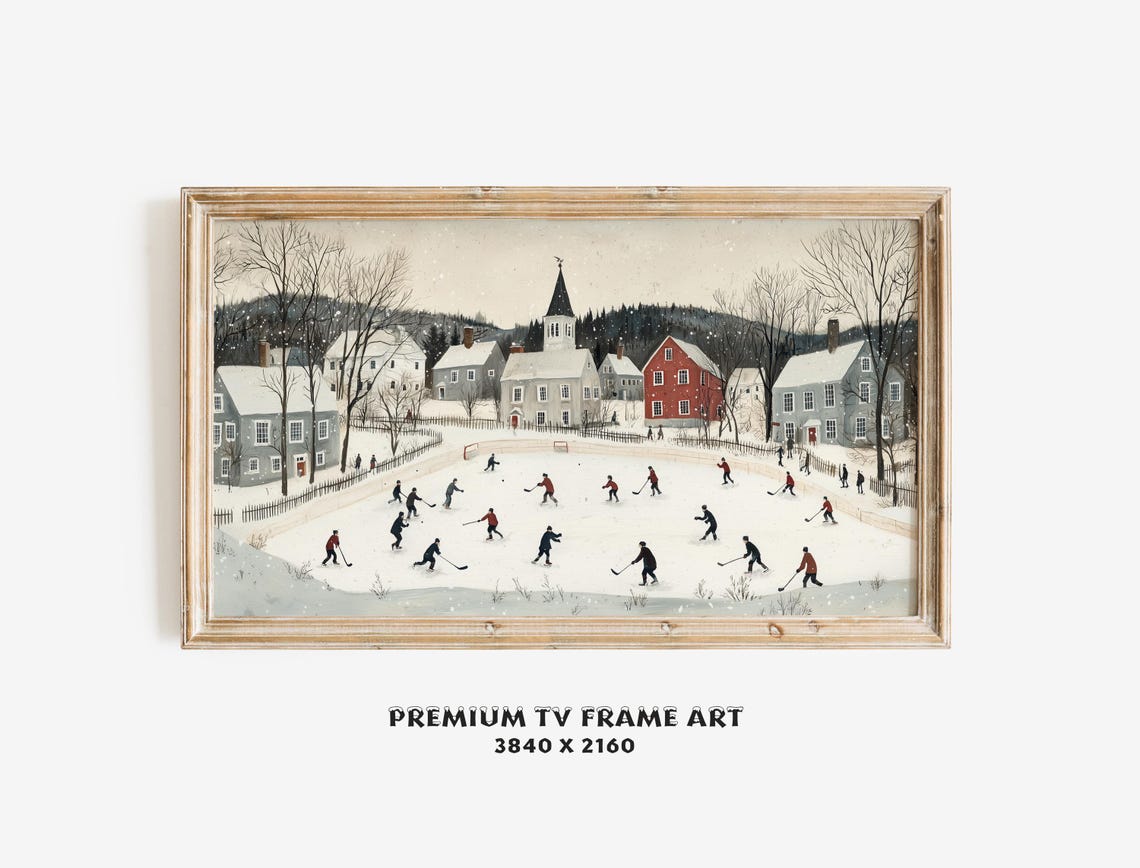Vintage Village Christmas Tv Art Winter Town Hockey Landscape Painting Holiday Screensaver For Frame Tv Festive Decor - Image 2