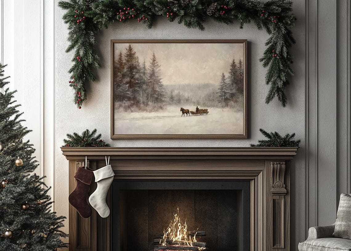 Snowy Winter Landscape Horse Drawn Sleigh Pine Forest Neutral Wall Art - Image 3