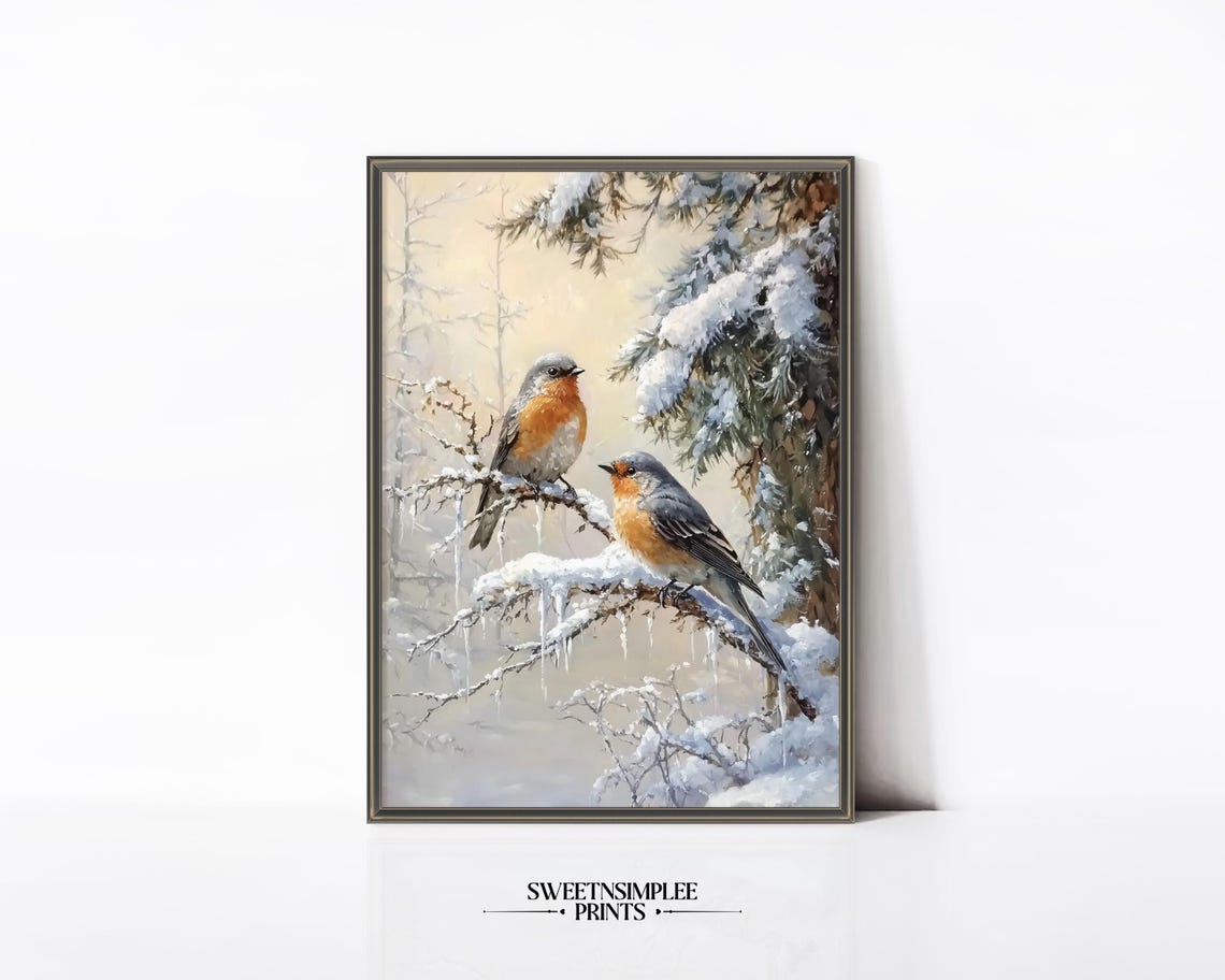 Two Bluebirds On Snowy Branch With Icicles Vintage Winter Poster - Image 2