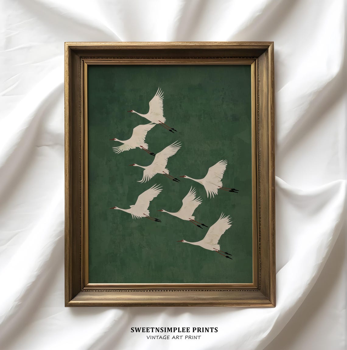 Flying White Cranes Deep Green Japandi Style Elegant Bird Wall Art